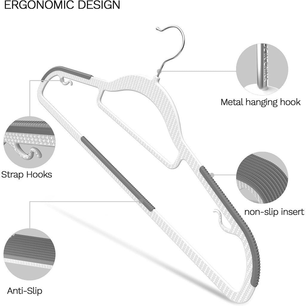 60 Pack Heavy Duty Plastic Hangers, Non Slip Clothes Hangers With Rubber Pads And 360° Hook - Thin Space Saving Hanger, Closet Organizer For Shirt, Pants, Suit, Skirt,Coat - Gray