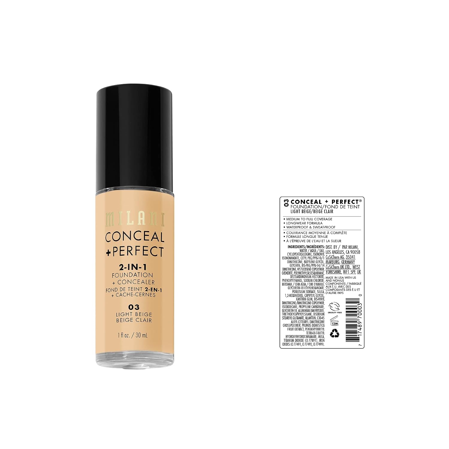 Milani Conceal + Perfect 2-In-1 Foundation + Concealer For A Flawless Complexion, Under Eye Corrector, Cover Redness And Imperfections, Waterproof And Sweatproof - 03-Light Beige