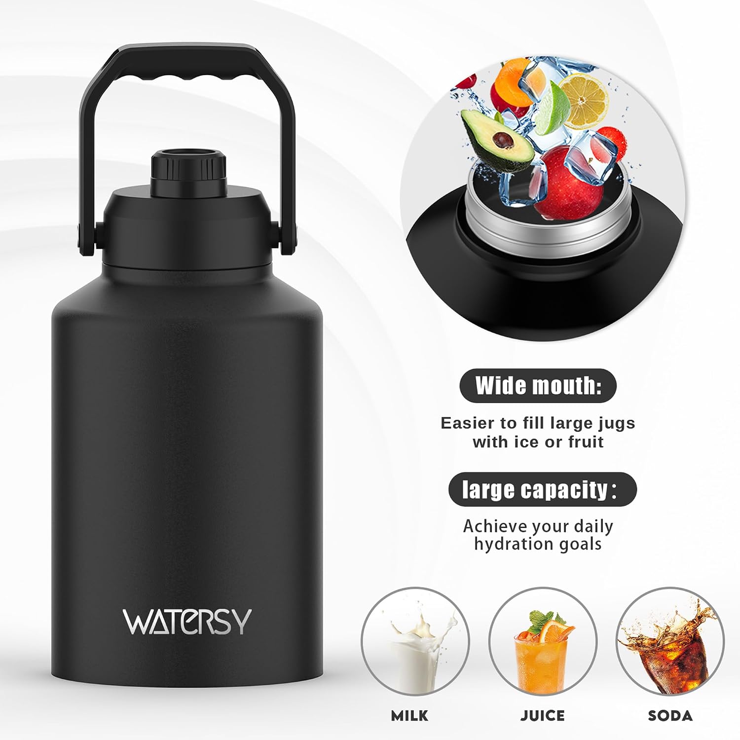 Watersy 1 Gallon Water Bottle Insulated(Cold For 48 Hrs),Bpa Free&Leak Proof,128Oz Stainless Steel Water Jug With Handle For Gym,Hiking,Camping&Travel,Black Large Thermo