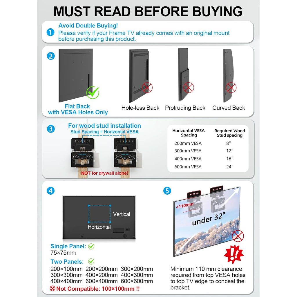 Ultra Slim Tv Wall Mount Compatible With 14"-80" Flat & Frame Tvs Only, 0.3" Micro-Gap Low Profile Tv Mount, Minimalist Look, Blends Any Interior, Hold Up To 100Lbs