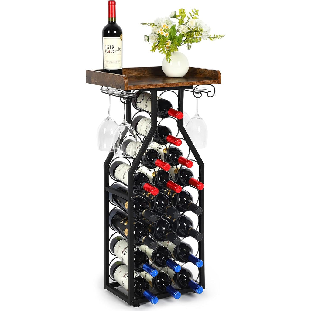 Wine Rack Freestanding Floor, Table Wine Holder Stand Mini Bar Table Floor Wine Storage For Home Bar Kitchen Living Room With Glass Holder Wood Tabletop 19 Bottles