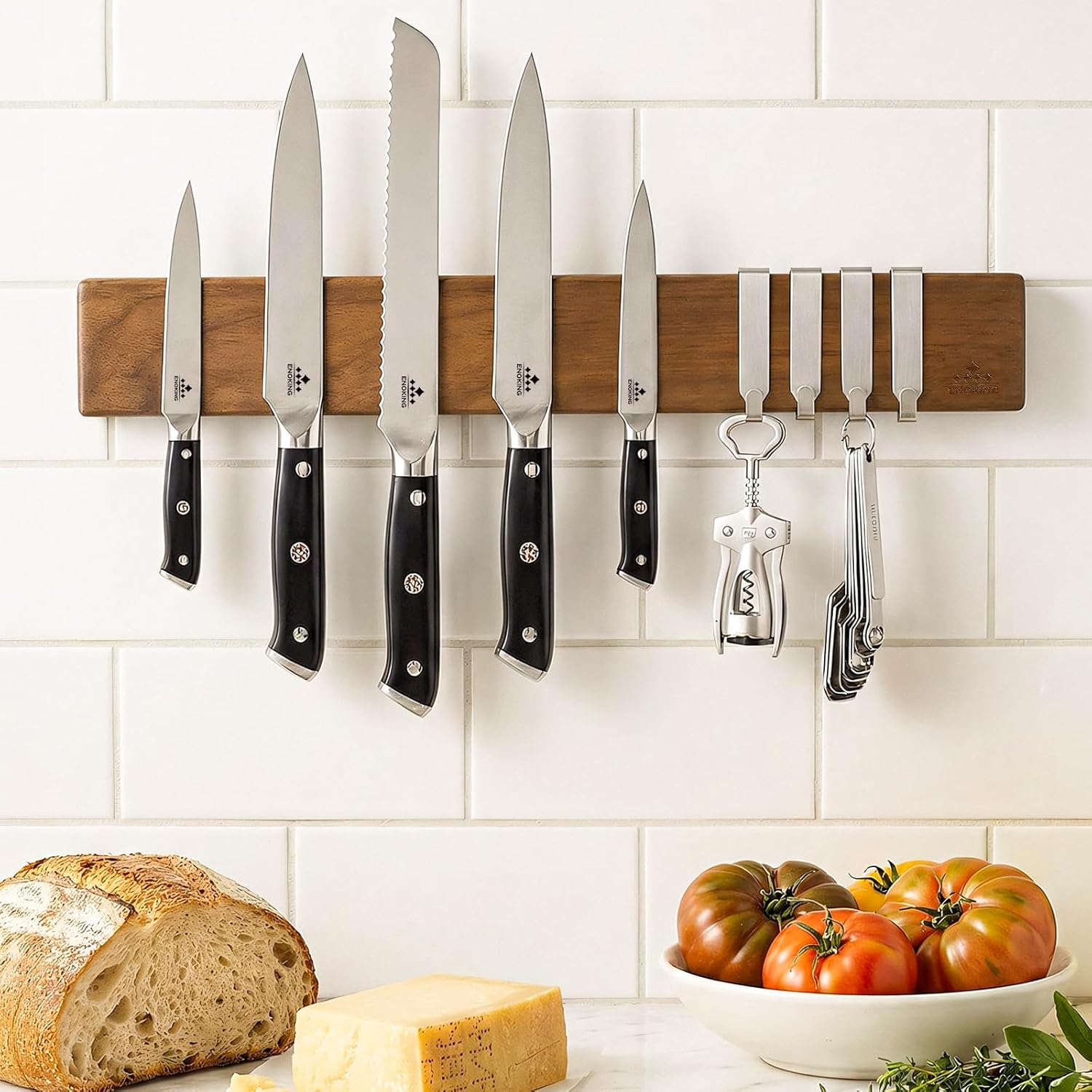 ENOKING 16 Inch Magnetic Knife Holder for Wall - Acacia Wood Knife Strip with Gold-Stamping Magnetic Gift Box - Powerful Knife Bar with 4 Hooks, No Drilling or Screw Mount