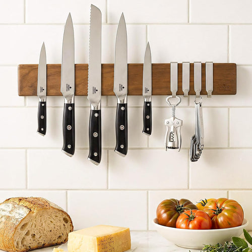 16 Inch Magnetic Knife Holder For Wall - Acacia Wood Knife Strip With Gold-Stamping Magnetic Gift Box - Powerful Knife Bar With 4 Hooks, No Drilling Or Screw Mount