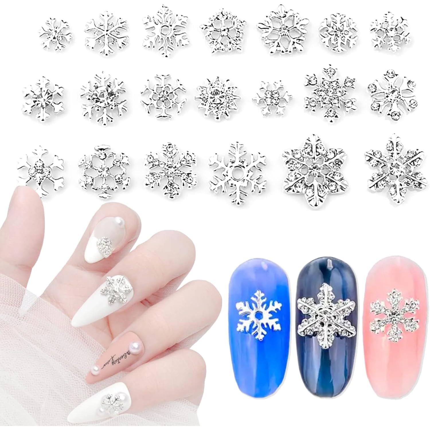 Christmas Nail Charms 20pcs Silver Snowflake Nail Art Charms with Diamond Design Winter Nail Jewelry Supplies Xmas Snowflakes Nail Decoration for Women Girls DIY Manicure Decorative Accessories