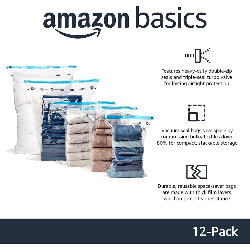 Amazon Basics Vacuum Storage Bags With Hand Pump For Travel, Space Saving Compression Bags For Clothes And Blankets, Clear, 12 Pack (3 Small, 3 Medium, 3 Large & 3 Jumbo)