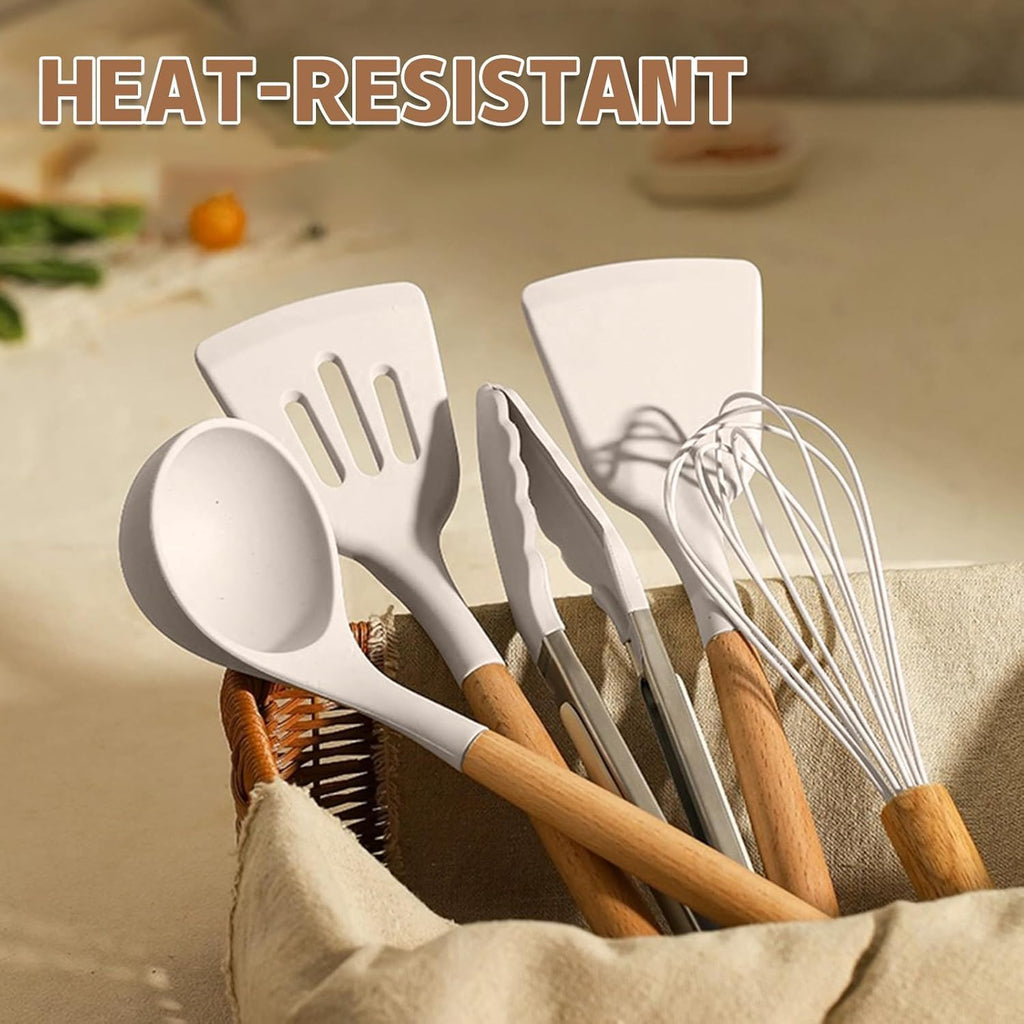 Umite Chef Kitchen Cooking Utensils Set, 33 Pcs Non-Stick Silicone Cooking Kitchen Utensils Spatula Set With Holder, Wooden Handle Silicone Kitchen Gadgets Utensil Set (Khaki)