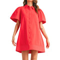 Womens Short Sleeve Button Down Mini Shirt Dress Lapel Collar Short Dresses With Pocket