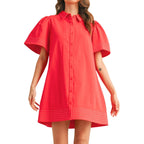 Womens Short Sleeve Button Down Mini Shirt Dress Lapel Collar Short Dresses With Pocket