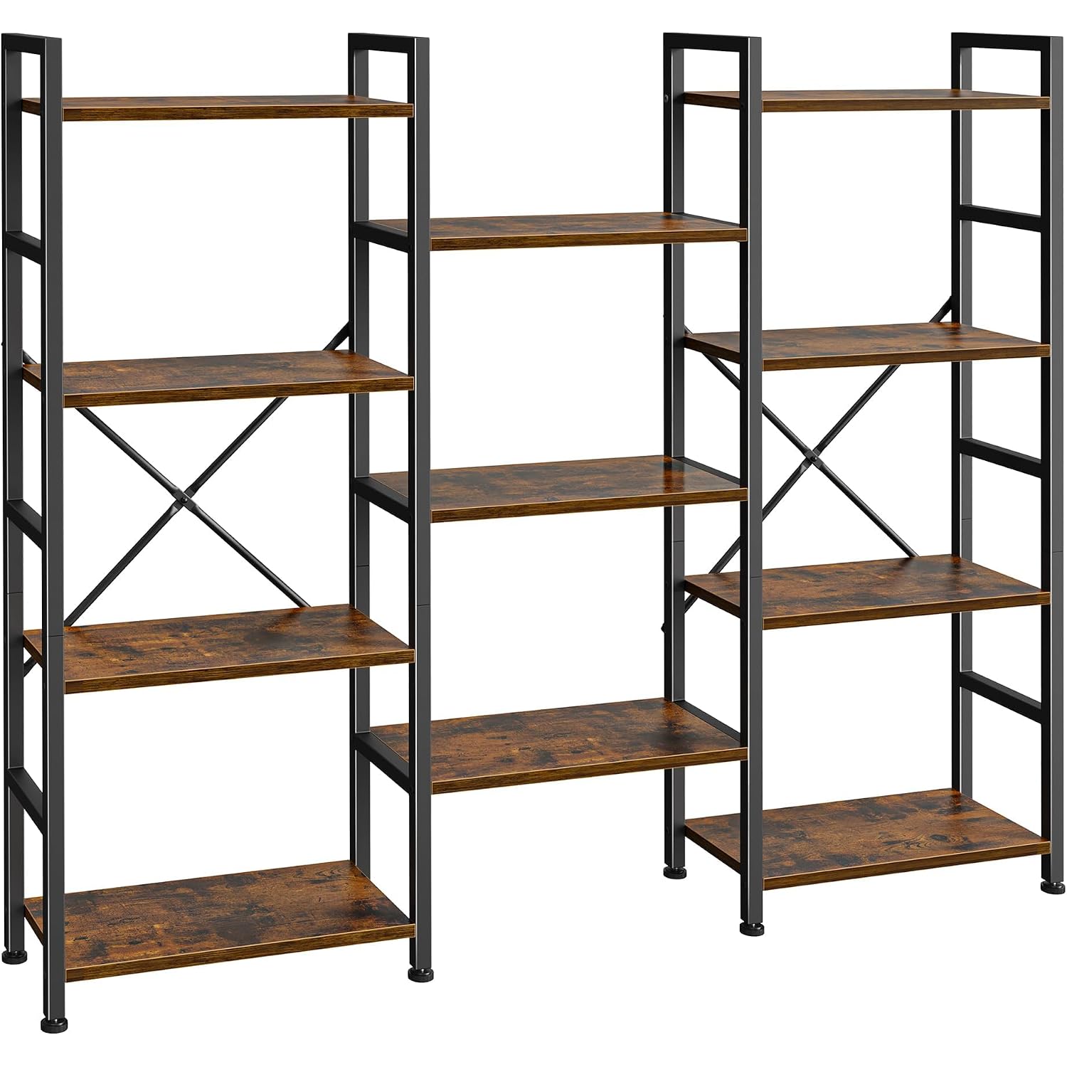 Superjare Triple Bookshelf, Bookcase With 11 Open Display Shelves, Wide Book Shelf Book Case For Home & Office, 4 Tier, Brown