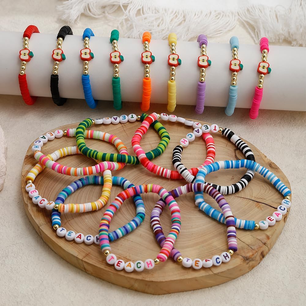 COLOYAN 18PCS Teacher Appreciation Gifts for Women Men, Teacher Gifts Wooden Beaded Bracelet elastic Clay Bracelet, Birthday Christmas Thanksgiving Thank You Gifts for Teachers