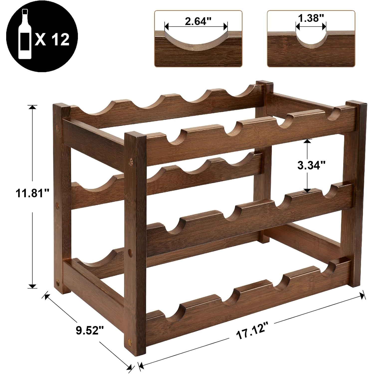 Bamboo Wine Rack, 3-Tier 12 Bottles Wine Storage Cabinet Shelf, Easy-Assembly Freestanding Bamboo Wine Racks Countertop For Kitchen Pantry Dining Room Bar, Walnut