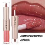 2Pcs Lip Liner Gloss Lip Combo Set,2In1 Lip Duo Natural Nude Brown Lip Liner Lipstick Glossy Long Lasting-Plumping,Smooth Quick Fuller Plumping Juicy Lip Makeup For Women(Chocolate+Cherry Red)