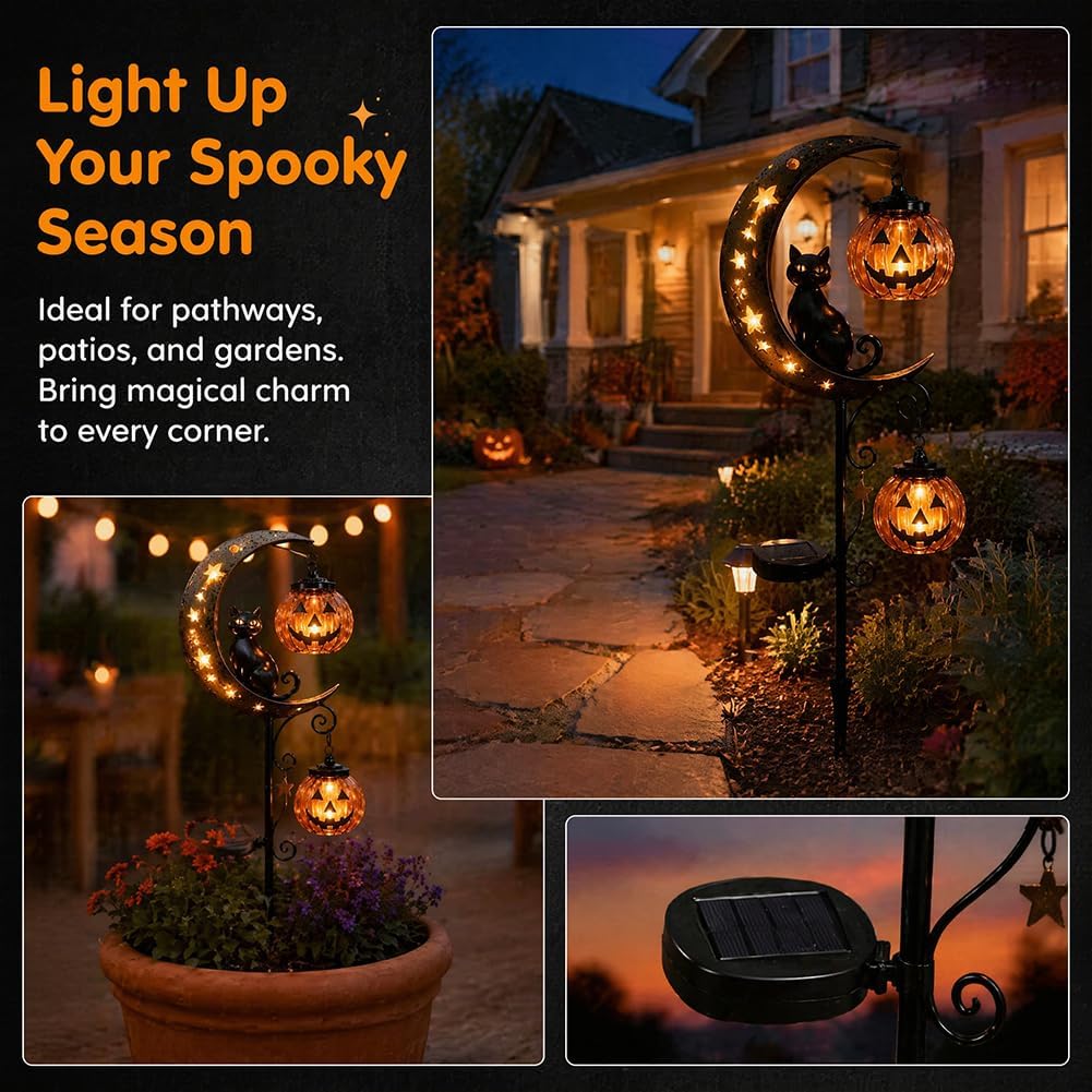 Solar Halloween Black Cat & Pumpkin Moon Garden Stake Light, Outdoor Waterproof Led Yard Decoration With Crescent Moon, Hanging Jack-O'-Lantern Lantern For Garden, Patio, Walkway, Porch (Style C)