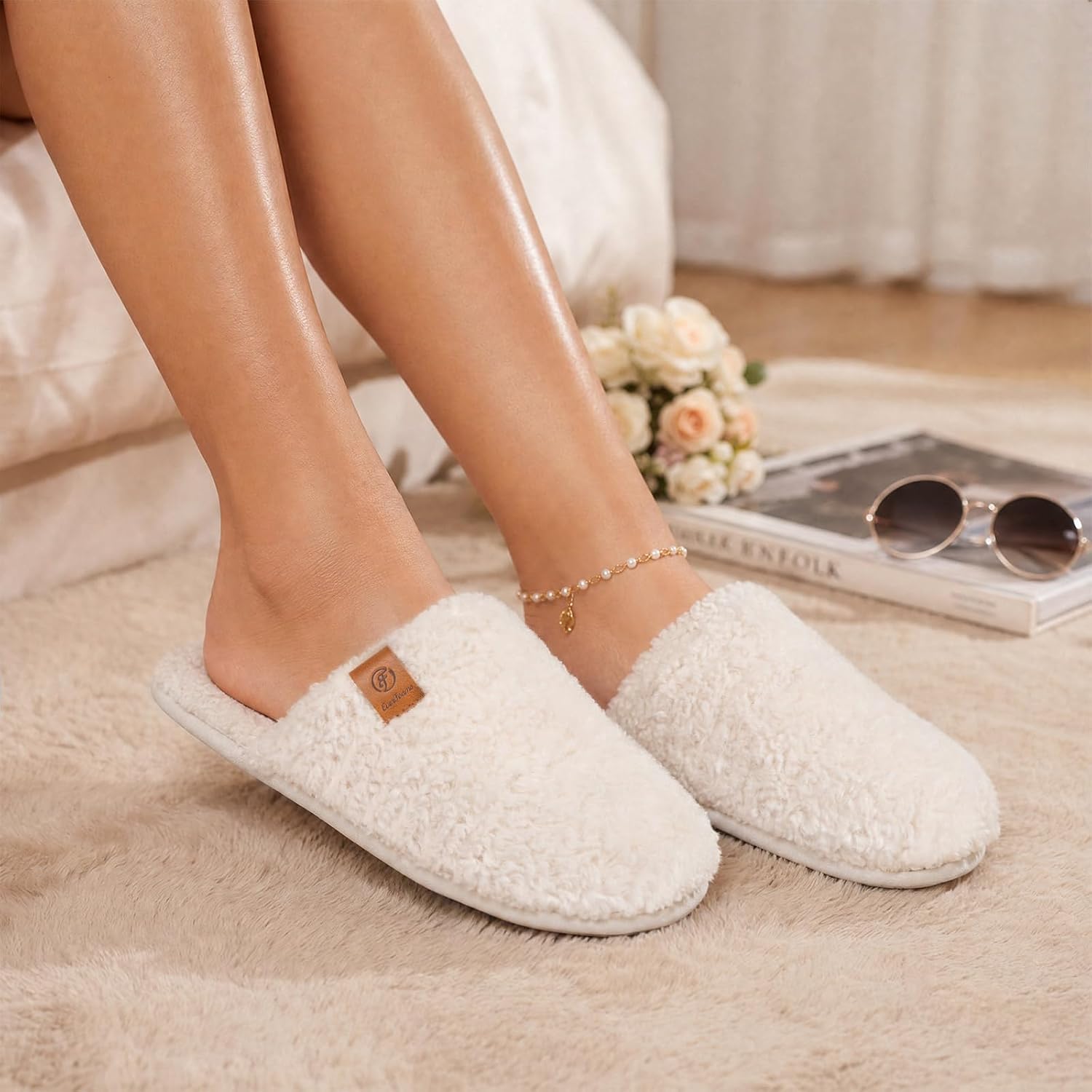 Everfoams Women'S Fuzzy Slippers Warm Cozy Memory Foam Indoor House Shoes