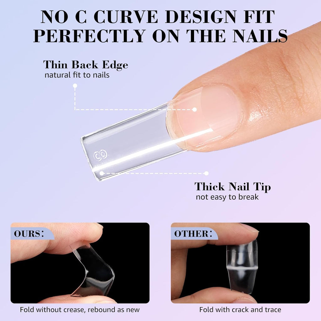 LIONVISON 500PCS No C Curve Nail Tips, Long Square 10 Sizes Half Cover Straight Square French Clear Fake Nail Tips for Acrylic Nails Professional for Nail Art Salon