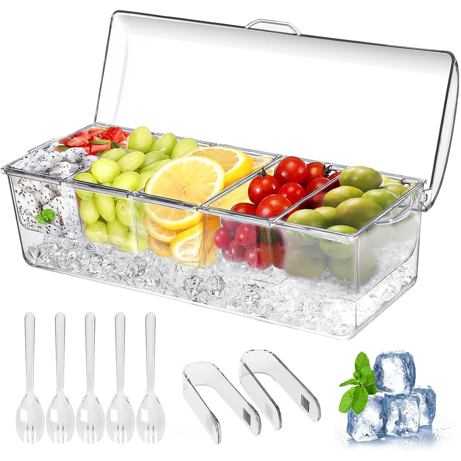 Large Ice Chilled Condiment Caddy，Chilled Condiment Containers Server with Lids for 5 Removable Compartments (2.5 cup)，Serving Platters, Fruit & Garnish Tray for Party Supplies & Bar Accessories