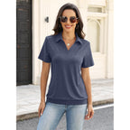 Ticticmiss Womens Polo Shirts Short Sleeve Banded Bottom Tops Business Casual Tops Collared V Neck Dressy Blouses