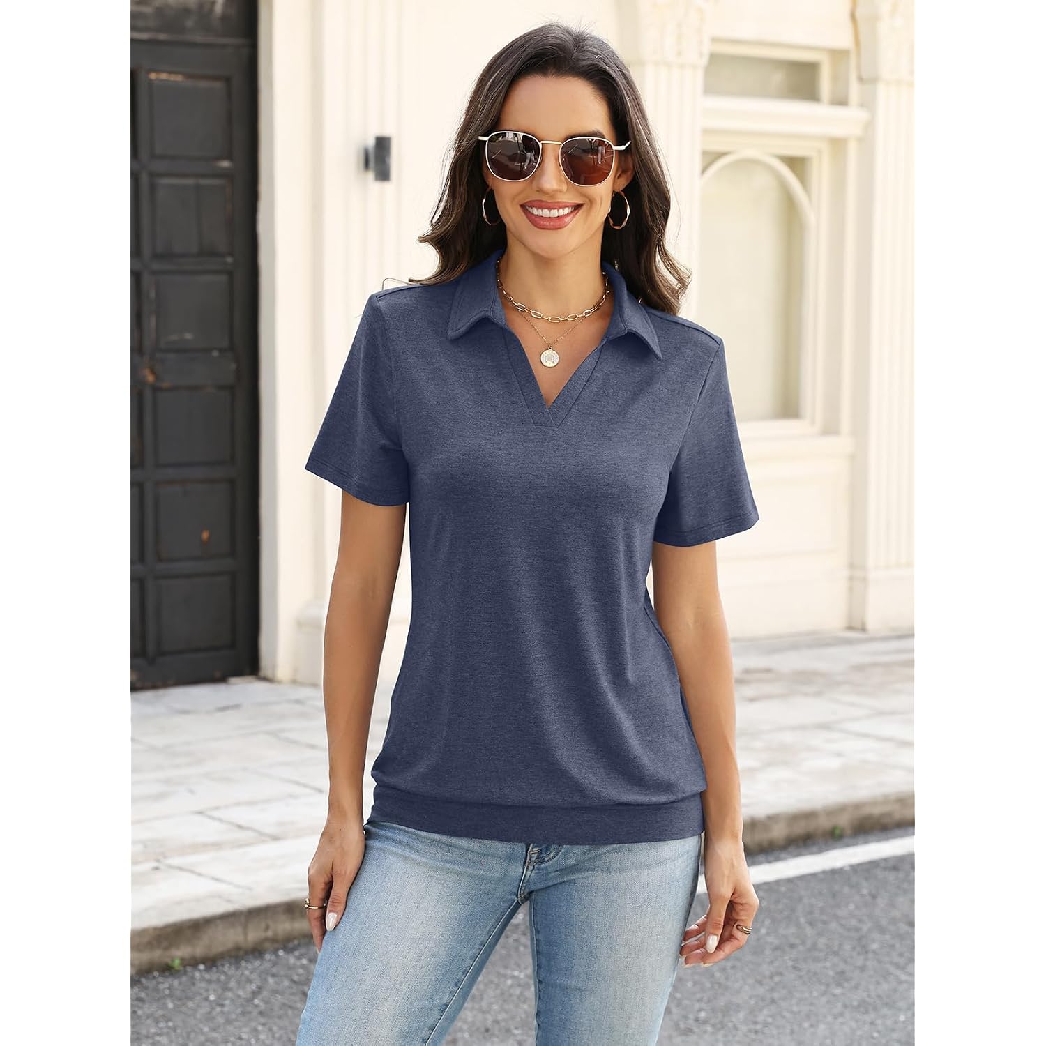 Ticticmiss Womens Polo Shirts Short Sleeve Banded Bottom Tops Business Casual Tops Collared V Neck Dressy Blouses
