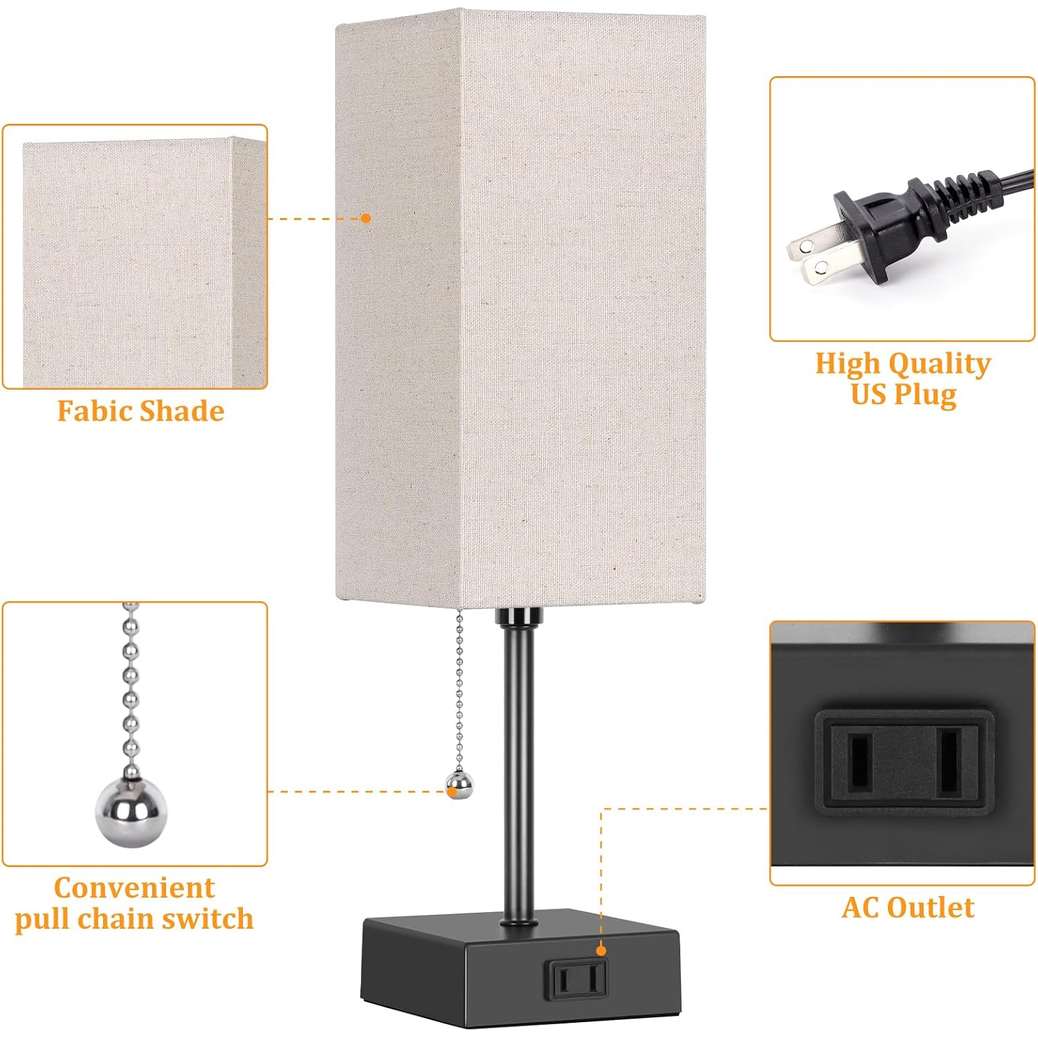 15'' Bedside Table Lamp For Bedroom Small Night Light Lamps For Night Stand | Pull Chain Table Lamps For Night Stands With Ac Outlet，Desk Lamp With 2 Bulbs Lamp For Living Room Kids Room Office Decor