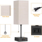 15'' Bedside Table Lamp For Bedroom Small Night Light Lamps For Night Stand | Pull Chain Table Lamps For Night Stands With Ac Outlet，Desk Lamp With 2 Bulbs Lamp For Living Room Kids Room Office Decor