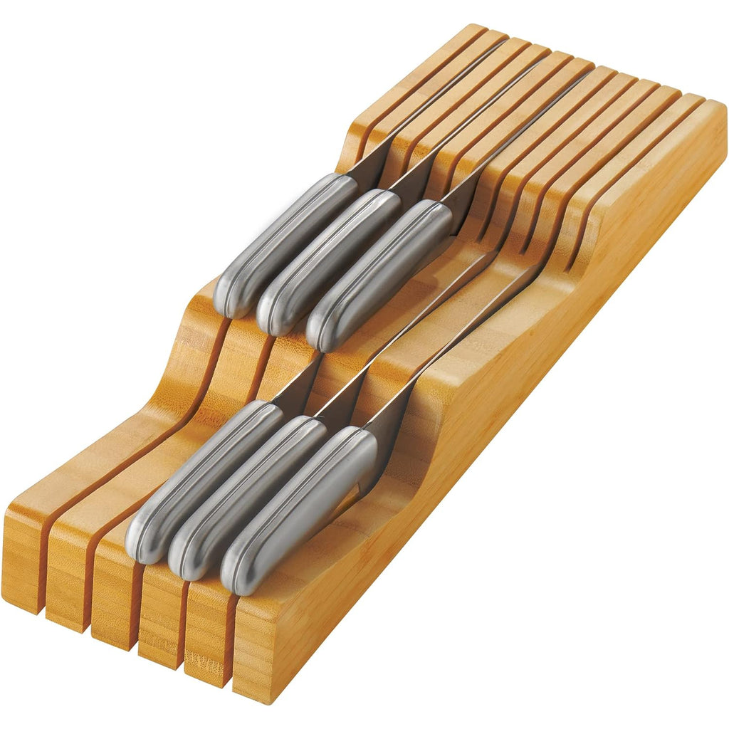 Bambüsi Knife Drawer Organizer - Bamboo Wood In-Drawer Knife Block Holder For Kitchen Drawer, 16 Slot Blade Down Knife Organizer Insert, Fits Chef & Steak Knives, Standard Drawer (Knives Not Included)