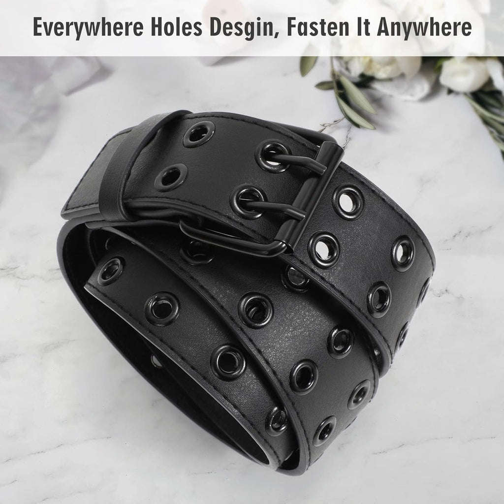 WERFORU Double Grommet Belt PU Leather Punk Belt for Women Men Jeans 2 Hole Belts 1.5 Wide