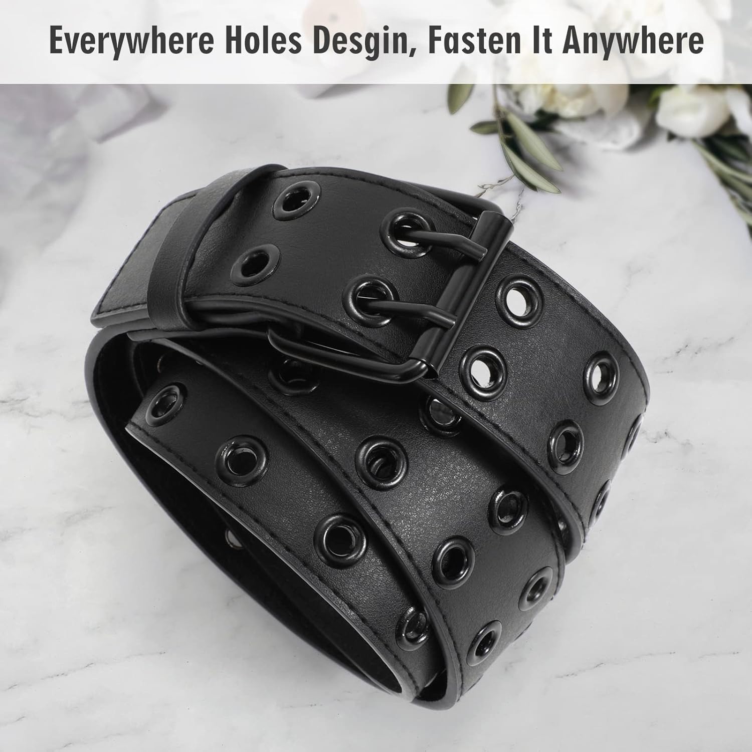 WERFORU Double Grommet Belt PU Leather Punk Belt for Women Men Jeans 2 Hole Belts 1.5 Wide