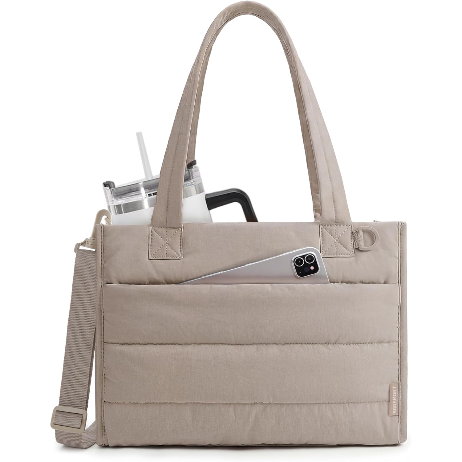 BAGSMART Small Tote Bag for Women, Puffer Quilted Work Tote Bag, Zipper Closure for Work Travel College, Camel | 14L Small tote, 14'' Laptop bag, 30oz tumbler, Boxy work bag, Teacher Bag, Teacher bag