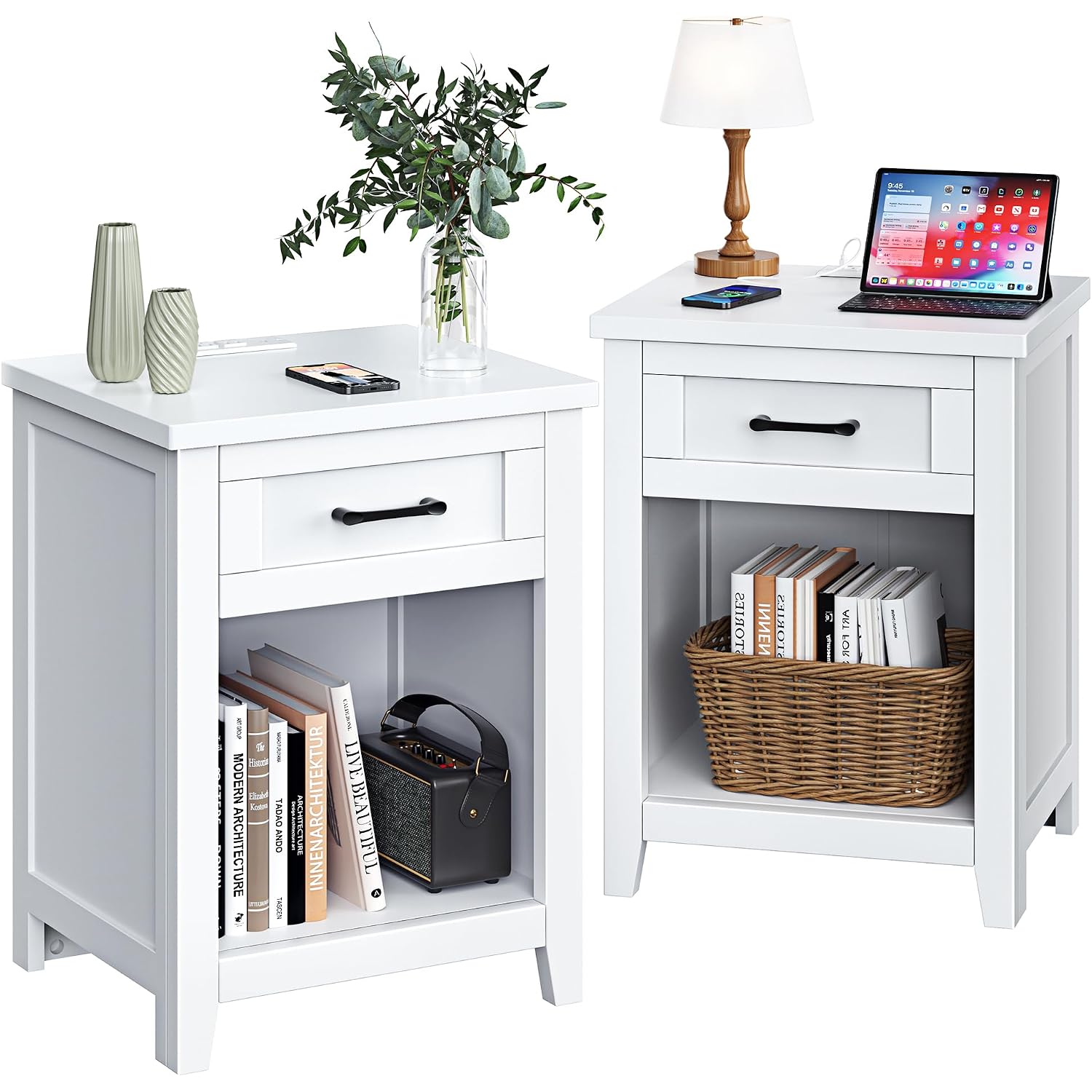 Decofy Farmhouse Nightstand With Charging Station & Large Storage, Set Of 2 Modern End Tables With Outlets, Usb Ports And Type-C Ports, Easy Assembly For Bedroom (Pure White)