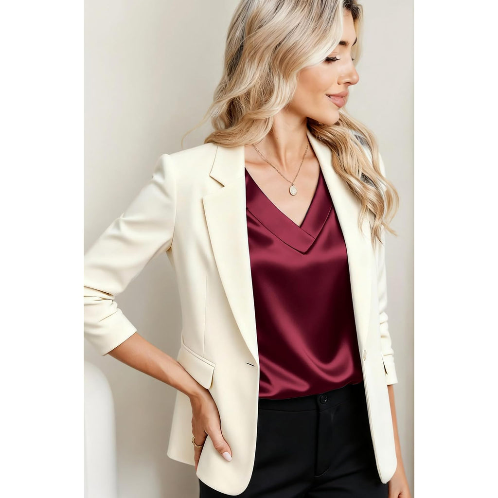 Zeagoo Women Silk Satin Tops Cap Short Sleeve Blouse V Neck Shirts Business Casual Outfits S-2Xl