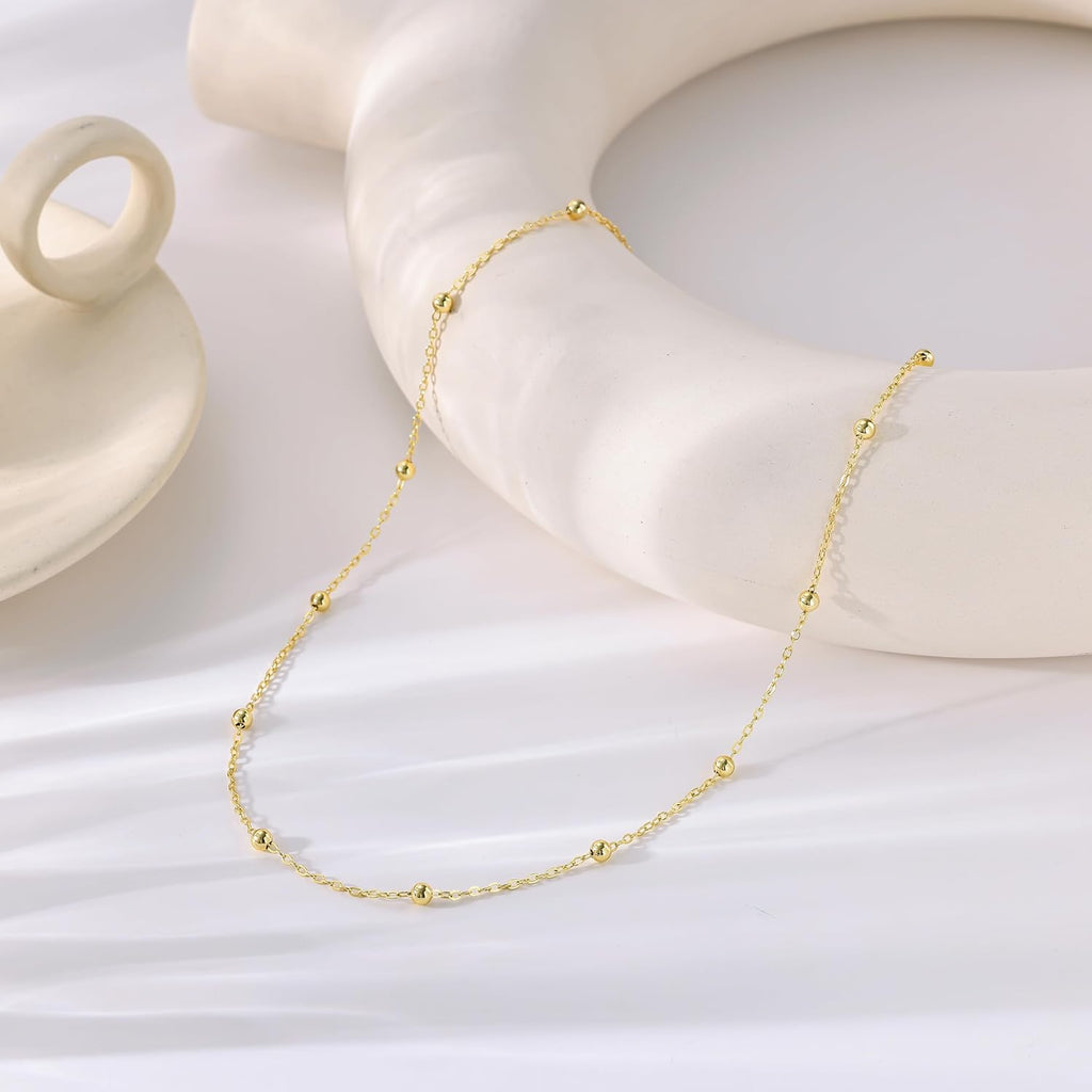 Tewiky Gold Chain Necklace for Women, 14k Gold Plated Thin Beaded Wave Box Chain Necklace Dainty Gold Necklace Simple Layered Gold Choker Necklaces Minimalist Gold Link Chain Necklace Trendy Jewelry for Women