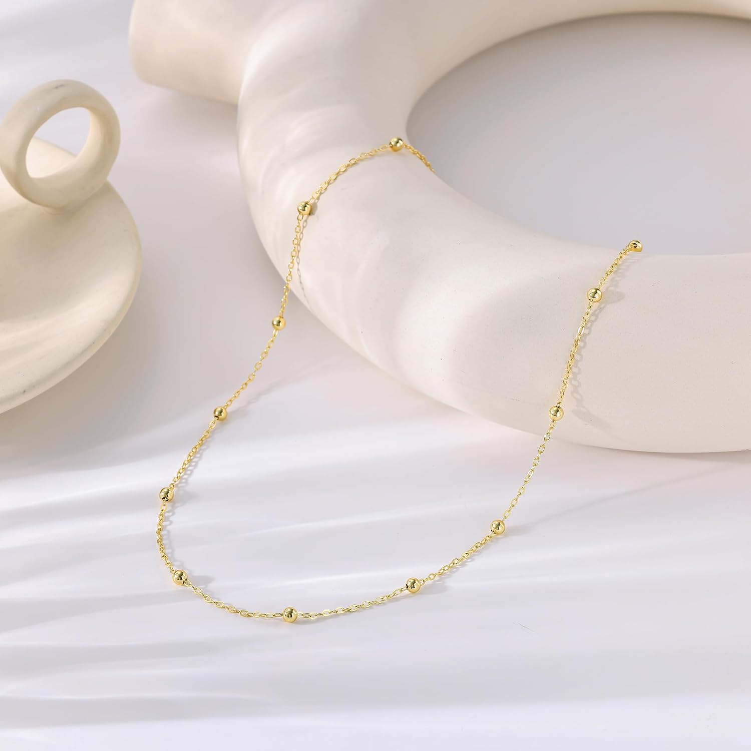 Tewiky Gold Chain Necklace for Women, 14k Gold Plated Thin Beaded Wave Box Chain Necklace Dainty Gold Necklace Simple Layered Gold Choker Necklaces Minimalist Gold Link Chain Necklace Trendy Jewelry for Women