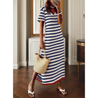 Dokotoo Womens Summer Casual Trendy 2026 Short Sleeve Maxi Dress Striped Split Vacation Color Block T Shirt Dress