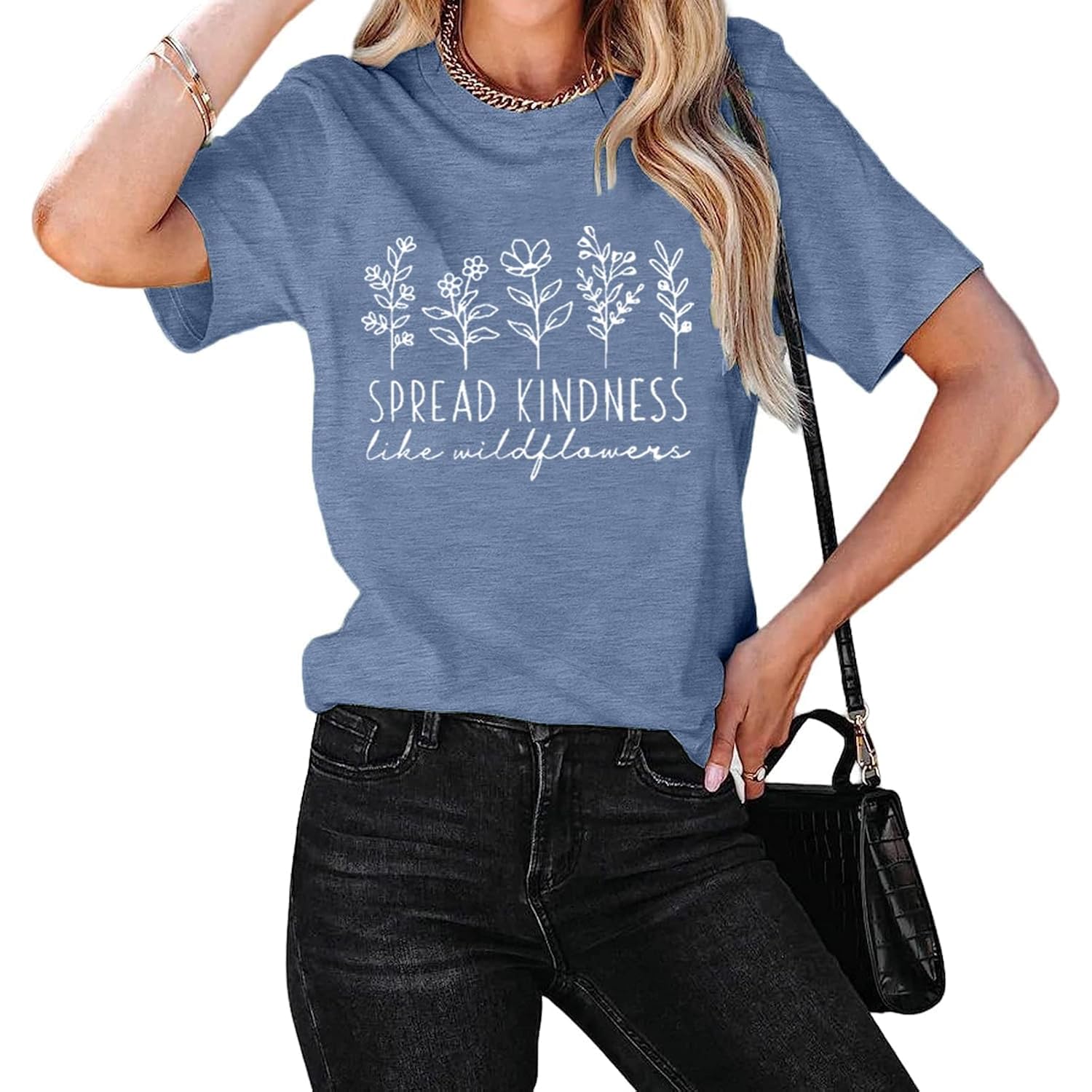 Spread Kindness Like Flower T-Shirt for Women Cute Flower Graphic Shirt Casual Positive Inspirational Short Sleeve Tee Top Ink Blue