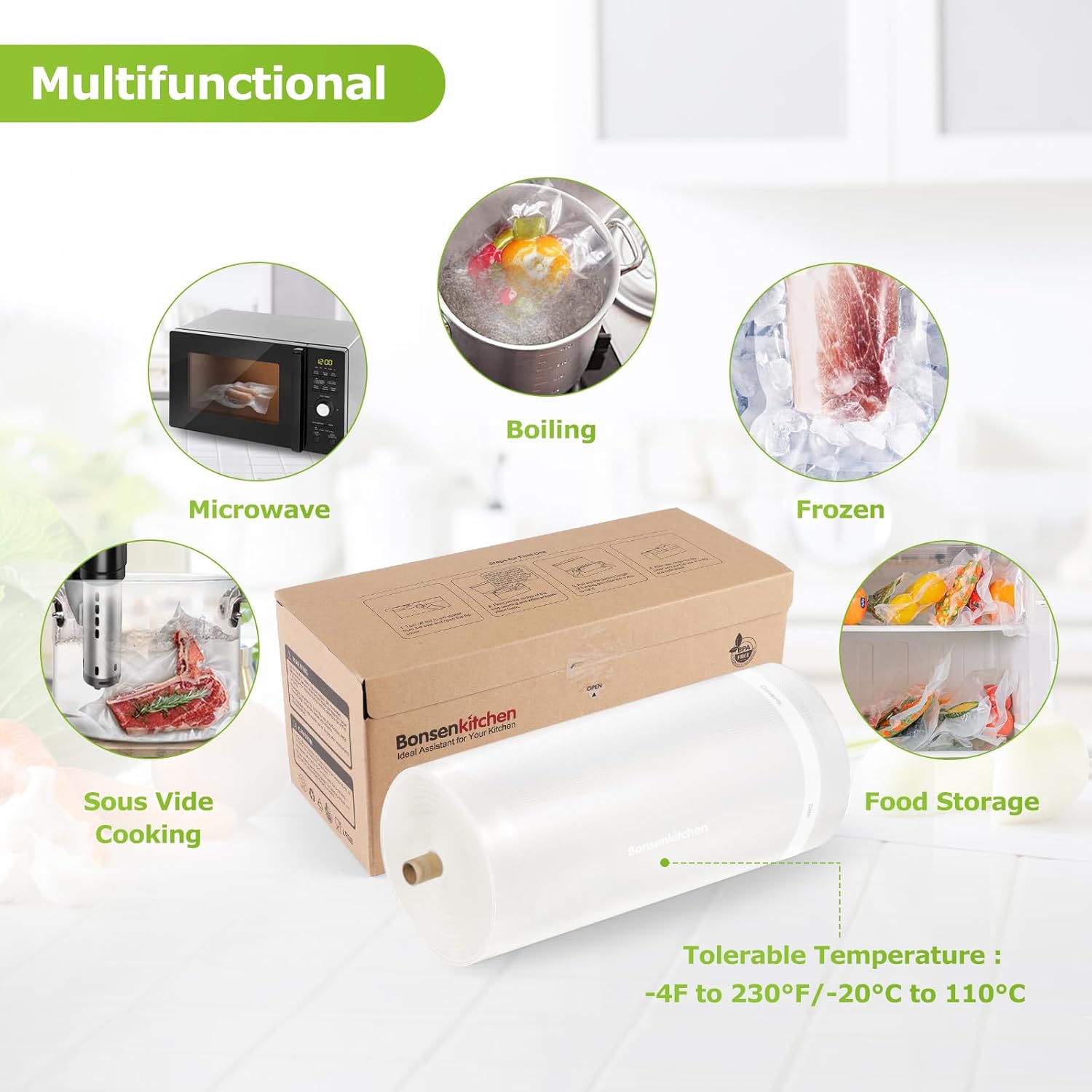 Bonsenkitchen 11” x 150’ Vacuum Sealer Bags Rolls with Cutter for Food Storage, Commercial Grade, BPA Free, Great for Meal Prep and Sous Vide Cooking