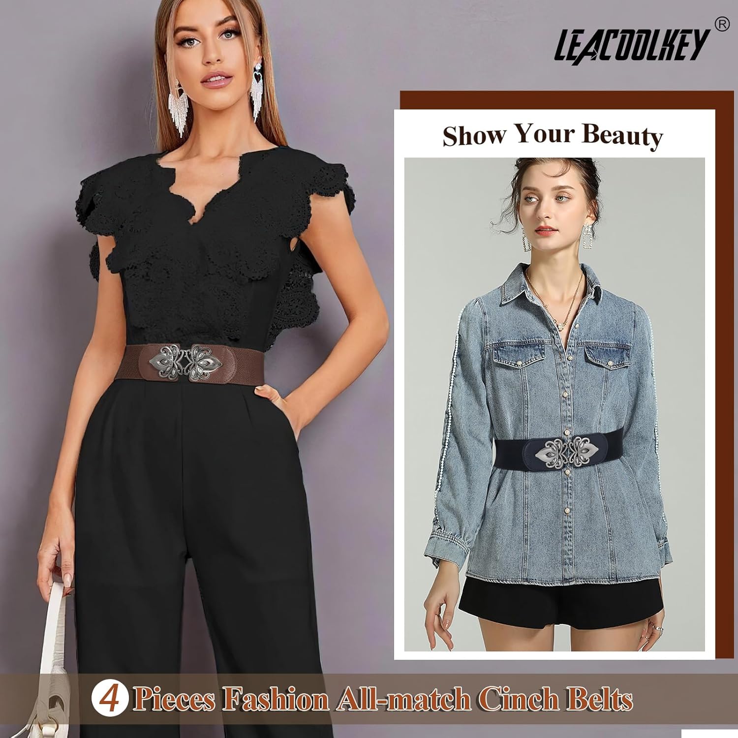 LEACOOLKEY 4 Pack Women Wide Elastic Waist Belt for Dress Plus Size Vintage Stretch Belt Retro Buckle 2.36" Width