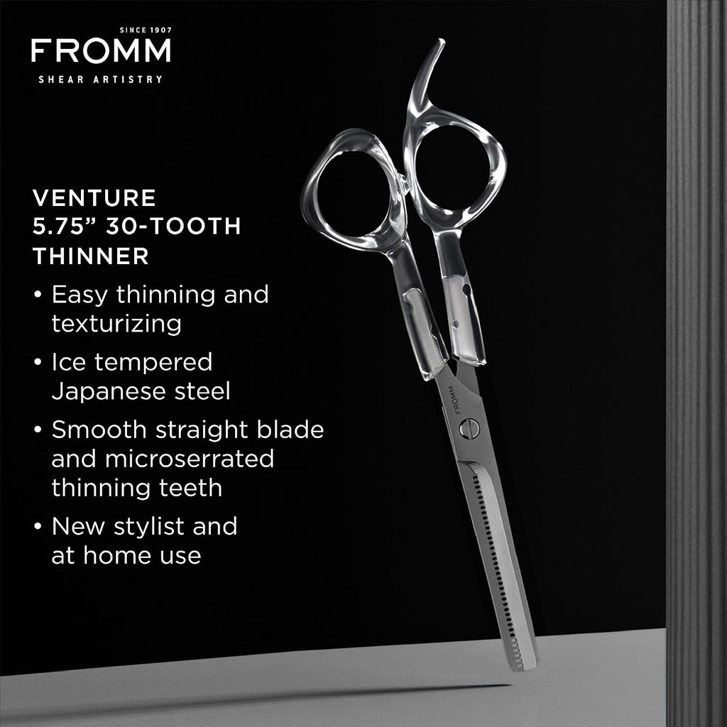 Fromm Professional Venture 5.75" 30-Tooth Easy Hair Thinning & Texturizing Shears In Clear & Matte Silver Japanese Steel Scissors With Beveled Blade For New Salon Stylist & Diy Home Use