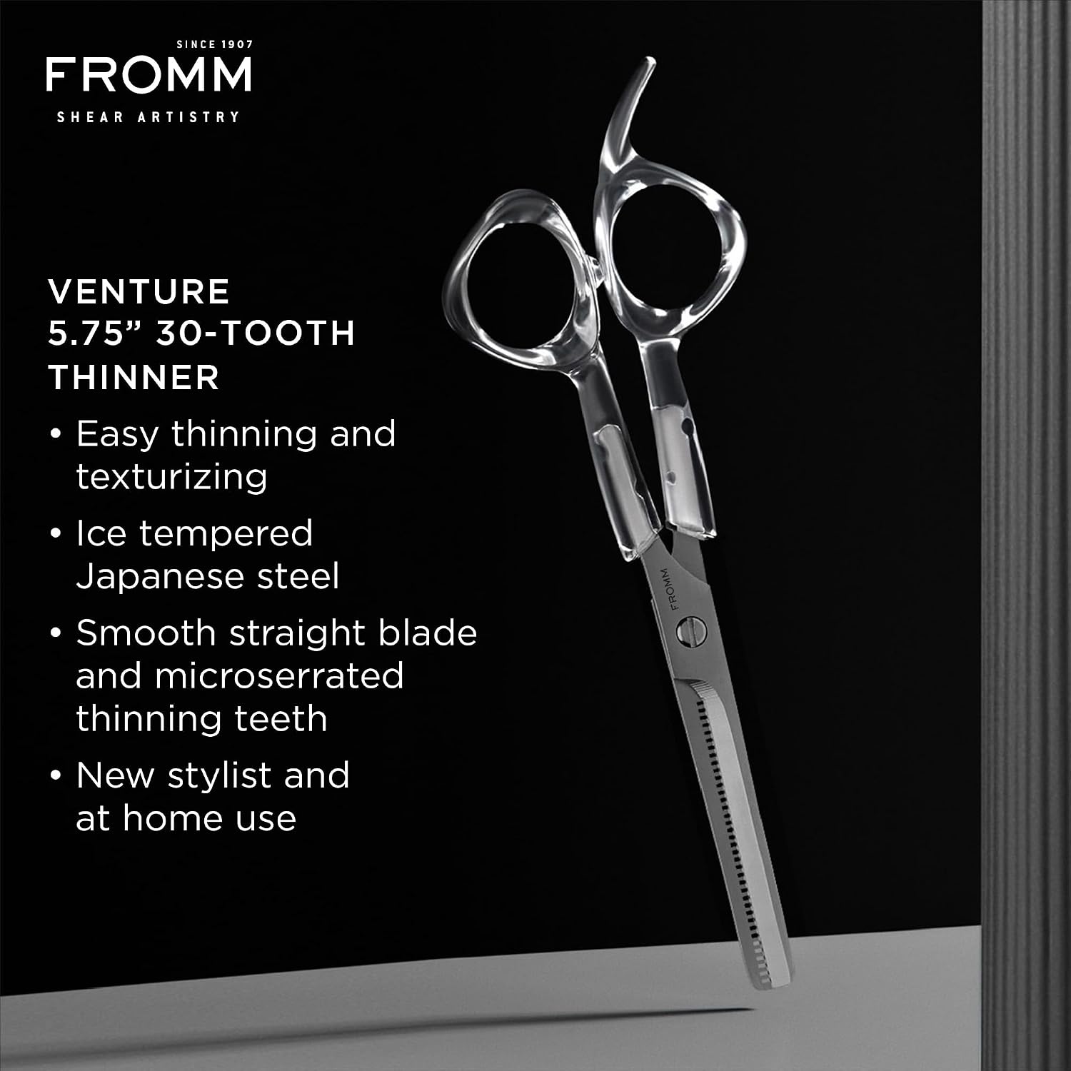 Fromm Professional Venture 5.75" 30-Tooth Easy Hair Thinning & Texturizing Shears In Clear & Matte Silver Japanese Steel Scissors With Beveled Blade For New Salon Stylist & Diy Home Use