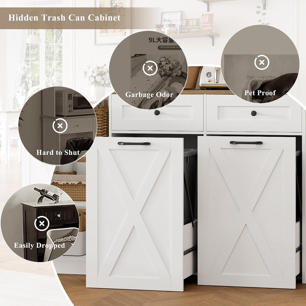 Hostack 71" Kitchen Pantry With 12.5 Gallon Double Trash Can Cabinet, White | Farmhouse Garbage Can Cabinet With Pull Out Trash Can Storage, 47"W Kitchen Hutch With Hidden Garbage Storage For Dining Room