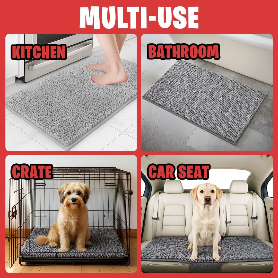 Mudguard Mat® Dog Door Mat For Muddy Paws, Super Absorbent Microfiber, Non-Slip Indoor Mat, Quick-Dry Chenille Rug For Pets & Entryway, Machine Washable, Grey 19" X 30"