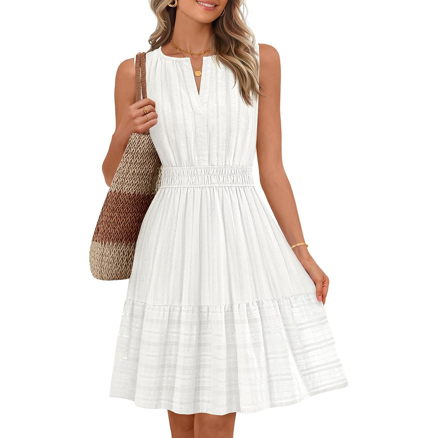 Merokeety Women'S 2026 Summer Casual Mini Sundress Beach Vacation Sleeveless V Neck Flowy A Line Dress With Pockets
