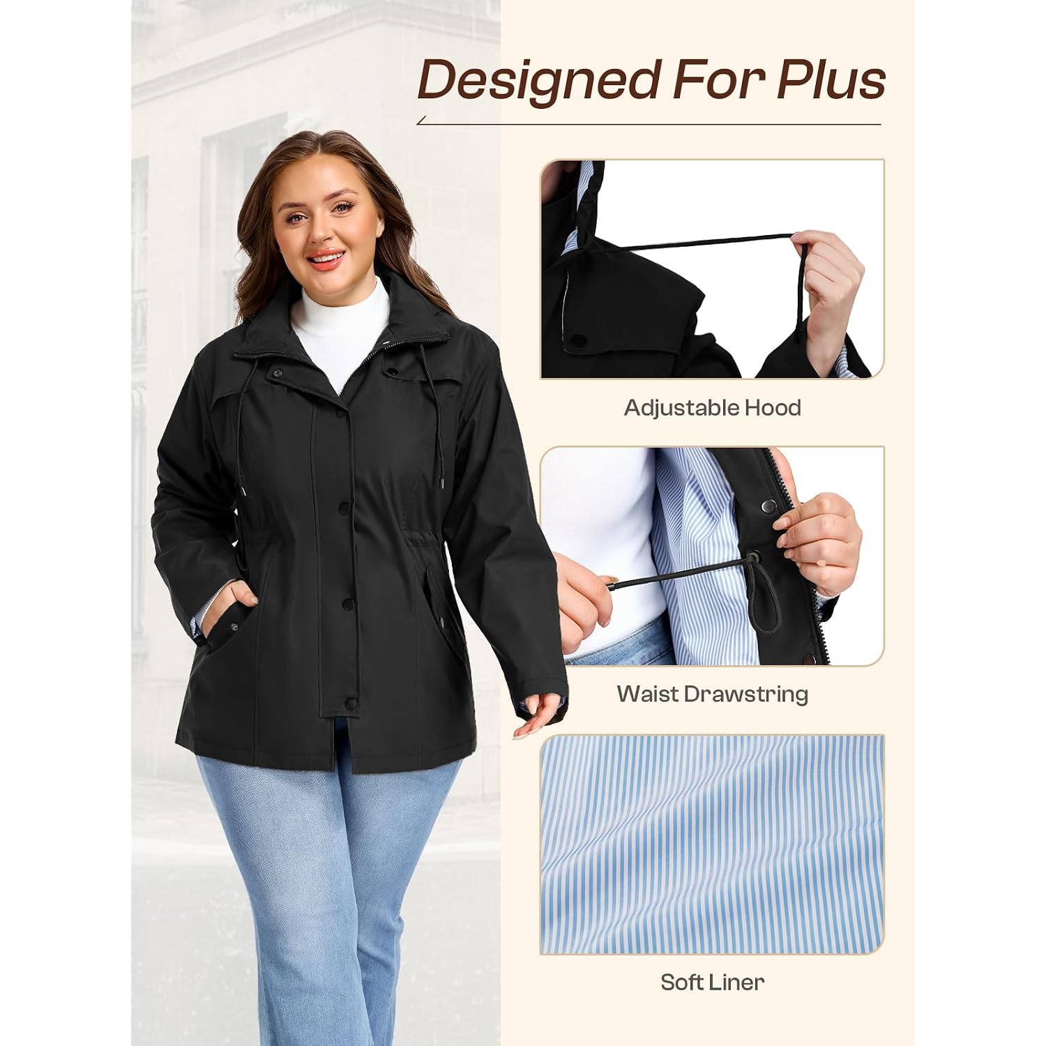 Saphirose Women'S Plus Size Rain Jacket Waterproof Rain Coat | Raincoat, Windbreaker, Lightweight, With Hood, Lining, Drawstring Waist, Snap Pockets, Daily Wear, Hiking, Outdoor, Travel