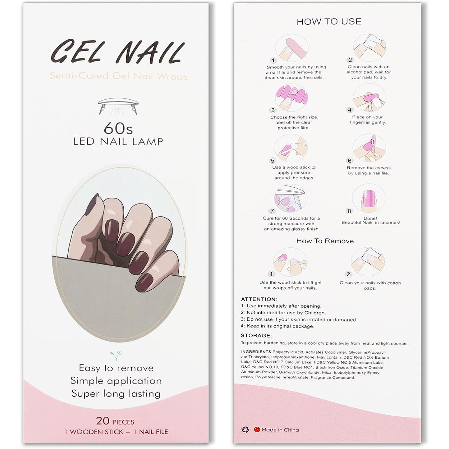 JMEOWIO Semi Cured Gel Nail Strips Wine Red Gel Nail Stickers Wraps UV/LED Nails Art Design Decoration Accessories