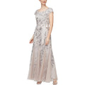 Alex Evenings Womens Long Length A-Line Sequin Lace V-Neck Mother Of The Bride Dress, Formal Event Gown With Short Sleeves