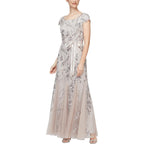 Alex Evenings Womens Long Length A-Line Sequin Lace V-Neck Mother Of The Bride Dress, Formal Event Gown With Short Sleeves