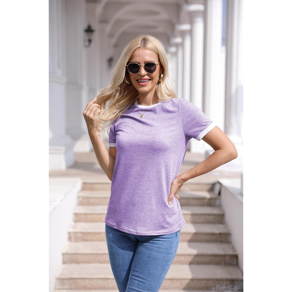 Womens T Shirt Short Sleeve Crew Neck Basic Color Block Tee Tops
