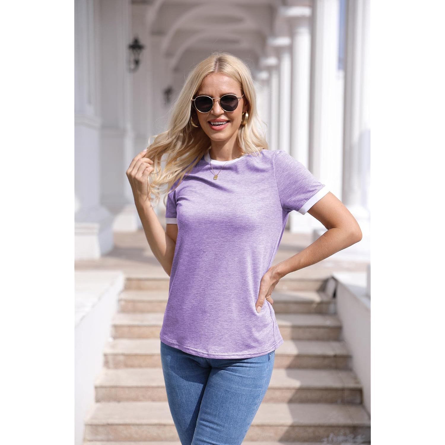 Womens T Shirt Short Sleeve Crew Neck Basic Color Block Tee Tops
