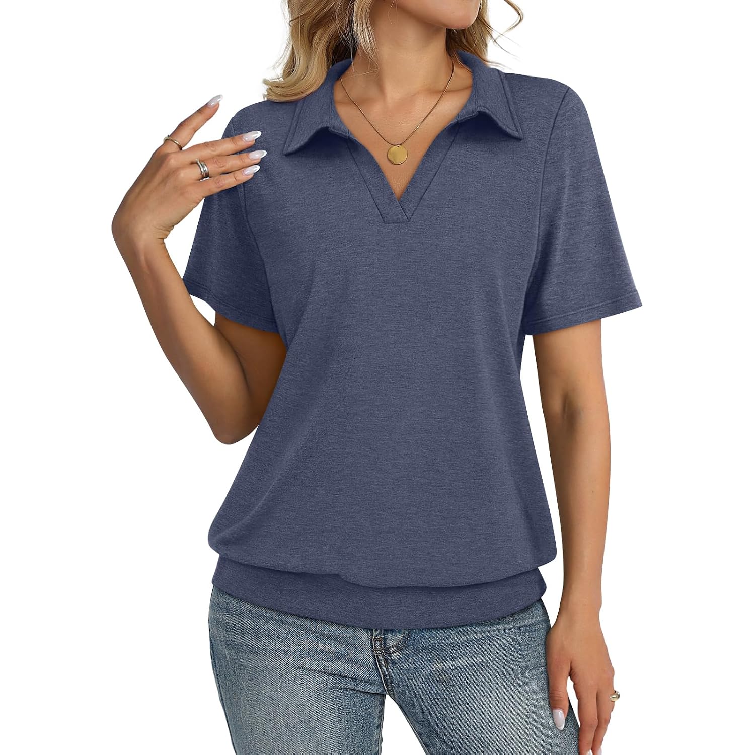 Ticticmiss Womens Polo Shirts Short Sleeve Banded Bottom Tops Business Casual Tops Collared V Neck Dressy Blouses