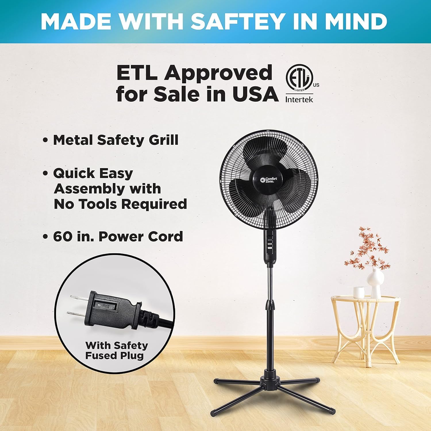 Comfort Zone Electric Oscillating Pedestal Fan, Stand Fan, 16 Inch, 3 Speed, 90 Degree Oscillating Head, Adjustable Height And Tilt, Airflow 7.48 Ft/Sec, Ideal For Home, Bedroom & Office, Czst161Btebk