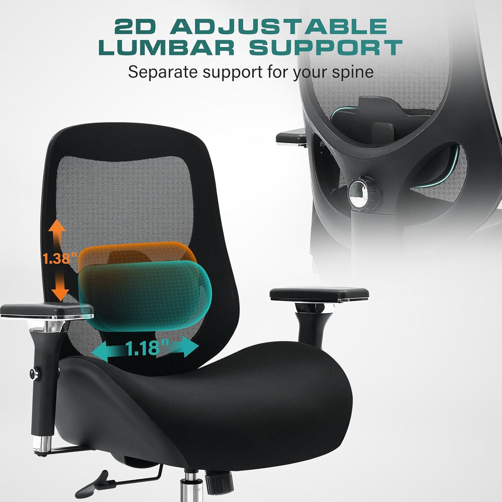 750Lbs Big And Tall Office Chair With Wide Thick Seat Cushion For Heavy People Ergonomic Computer Mesh Desk Chairs With 4D Armrests, Adjustable Lumbar Support For Adults 8 Hours Daliy Work